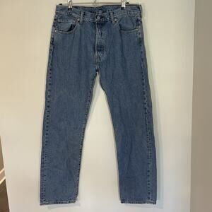 Levi’s 501 Jeans Mens 34x32 Blue Denim Pants Dark Wash Workwear Faded Button Fly